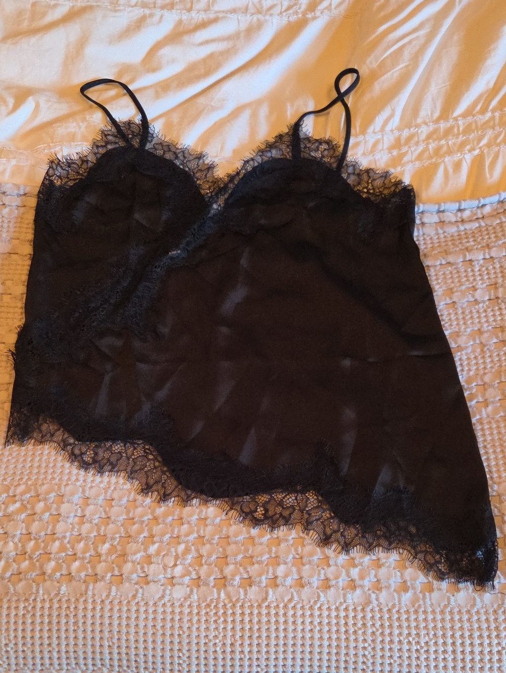 Black Lace Trim Satin Cami Top Lg